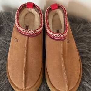 UGG Chestnut Suede Slippers with Red Trim